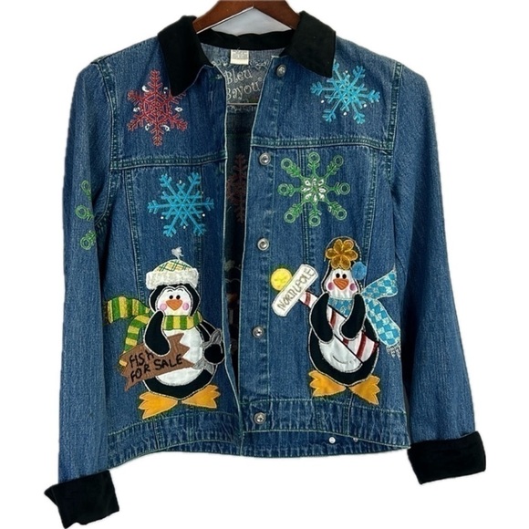 Bleu Bayou Women’s Winter Holiday Snowflake Snowman Jean Jacket Rhinesto… - Picture 7 of 12
